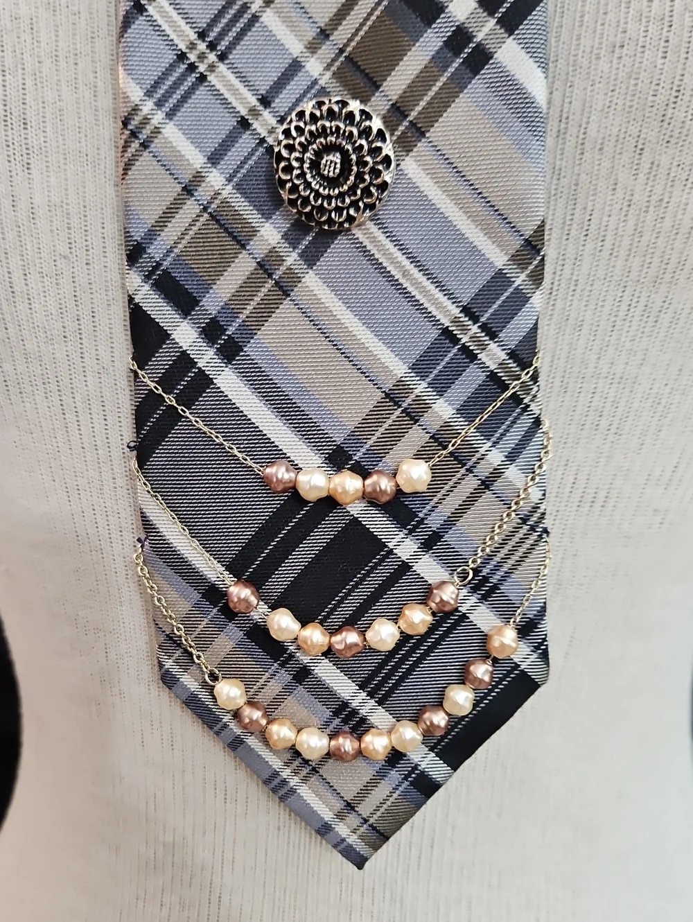 NWT Chaps Silk Blue Plaid Statement Tie Necklace With Faux Pearl Accents
